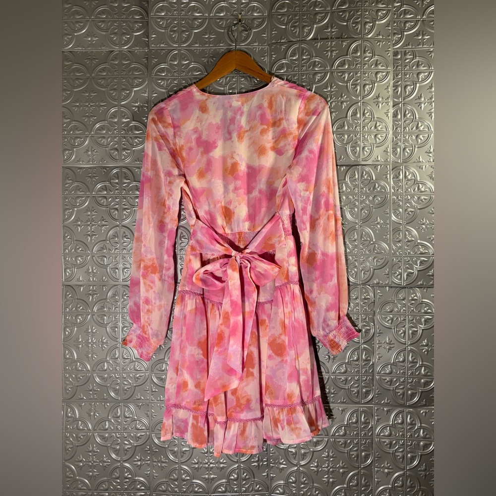 Japna Pink Long Sleeve Mini Ruffle Dress Spring Pastel tie back belt resortwear